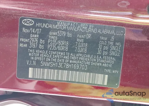 2008 Hyundai Santa Fe Limited/Se из США, поврежденный, VIN 5NMSH13E78H169703